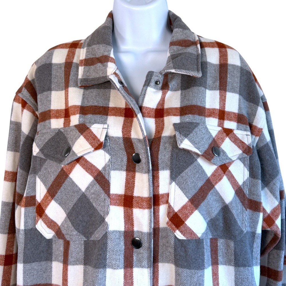 HFX Womens Shacket Sz S Plaid Gray Brown Snap Button Shirt Jacket Camp Hike Cozy - Picture 3 of 8